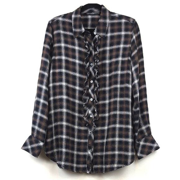 Peruvian Connection Tops - Peruvian Connection Fiona Plaid Ruffle Button Down Shirt M Medium Boho Western